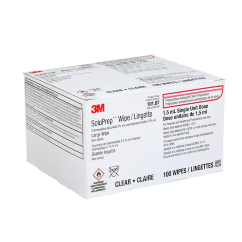 A box of 100 SoluPrep wipes sits on a white background. The wipes are for antiseptic skin preparation, and each is a single 1.5 mL dose. The box is white with red and black labeling.