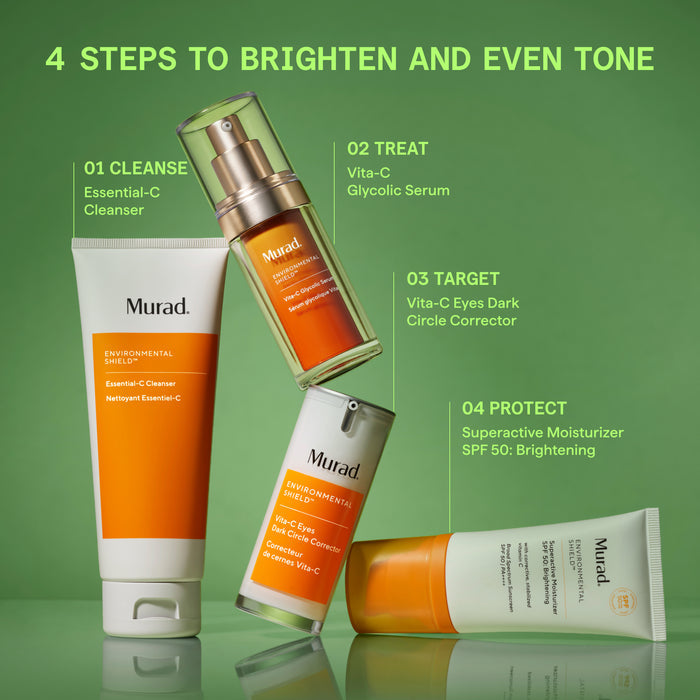 Murad skincare products with step-by-step guide on a green background
