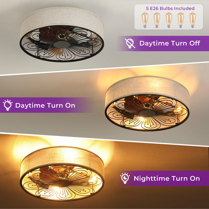 Ceiling light fixture with decorative design, shown in different lighting conditions.