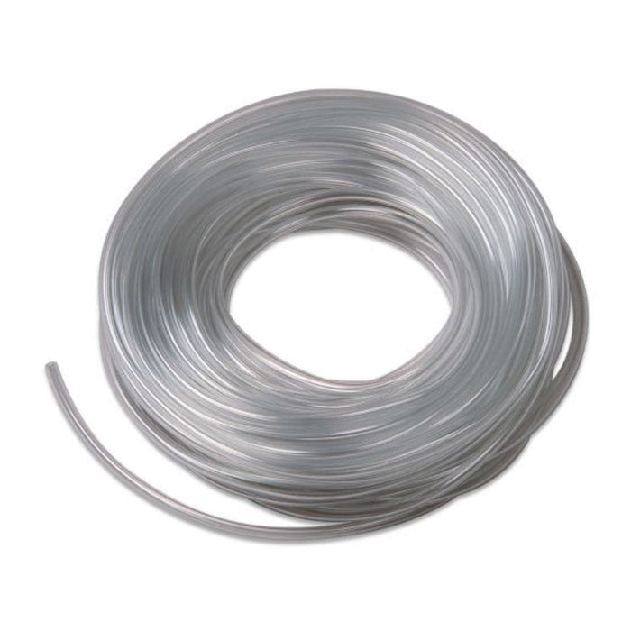 A clear, flexible tube is coiled tightly, forming a ring shape. One end extends slightly outside the ring against a white background.