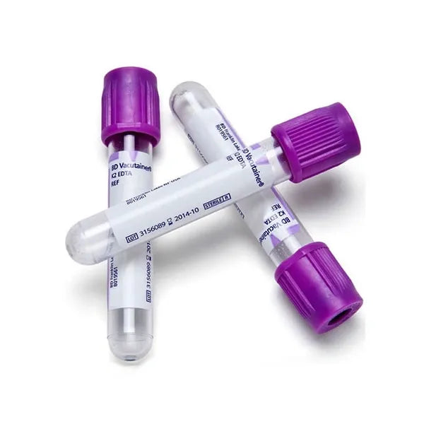 Three purple-topped BD Vacutainer tubes lie overlapping on a white background. They appear to be blood collection tubes. The tubes contain labels with identifying numbers and expiration dates.