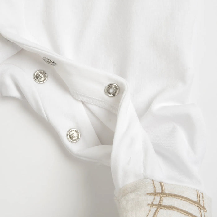 Boys White and Beige Applique Front Opening Babysuit