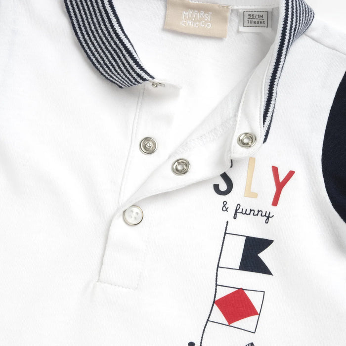 Boys White and Blue Printed Polo T-shirt