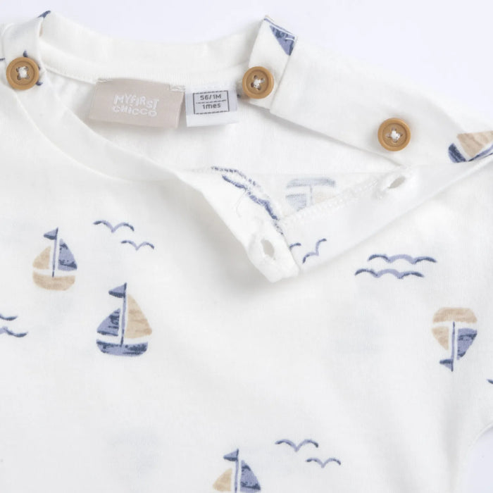 Boys White and Blue Printed T-Shirt with Shorts