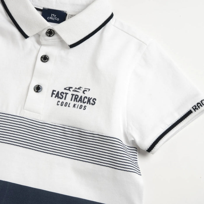 Boys White and Navy Blue Colorblocked Polo T-shirt