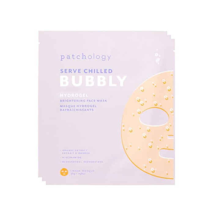 Patchology Serve Chilled Bubbly hydrogel face mask packs in lavender with sparkling bubble design for brightening skincare