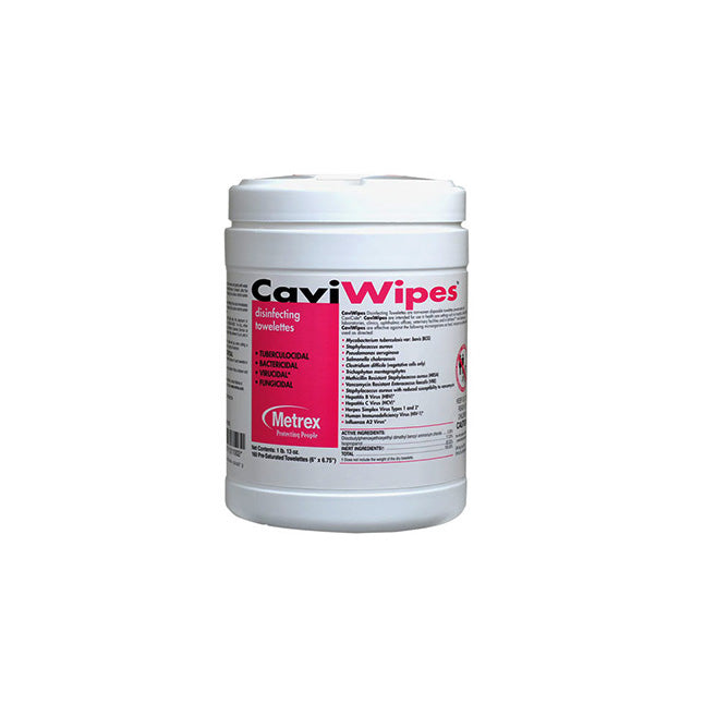 A large container of CaviWipes disinfecting towelettes sits on a white background. The label indicates they are tuberculocidal, bactericidal, virucidal, and fungicidal.