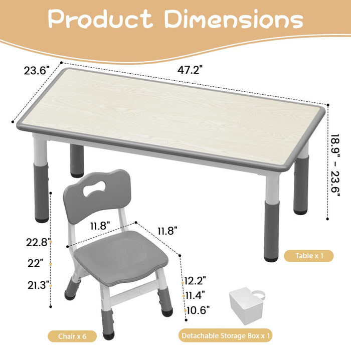 Children's table and 6 chairs set with storage box, height-adjustable toddler table