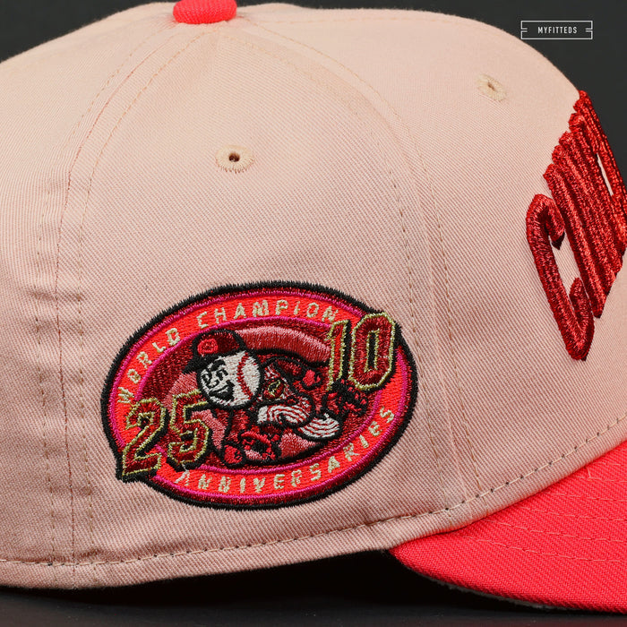 CINCINNATI REDS WORLD CHAMPS 25TH & 10TH ANNIVERSARIES BLUSH CORAL NEW ERA FITTED CAP