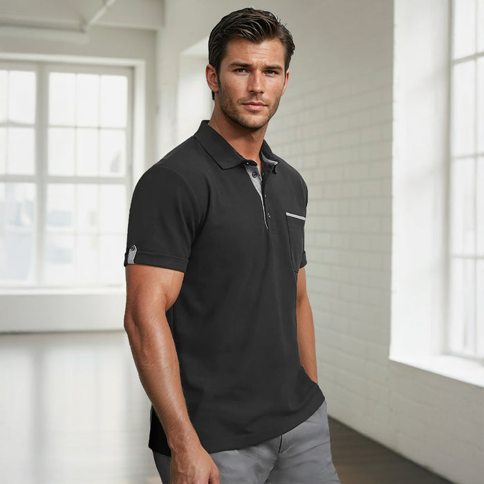 Contrast Check Polo: black edge short sleeve with woven check collar
