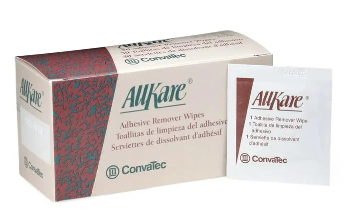 A box of AllKare adhesive remover wipes sits beside a single wipe; both are displayed against a white background.