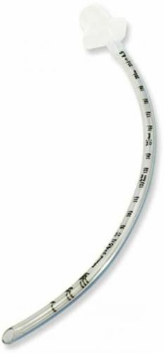 A curved, transparent tube with a heart-shaped connector extends from a marked end, likely for medical use.