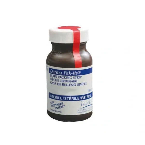 A small brown bottle of Derma Pak-its® plain packing strip sits against a white background. The label indicates it is sterile and has a new dispenser insert.