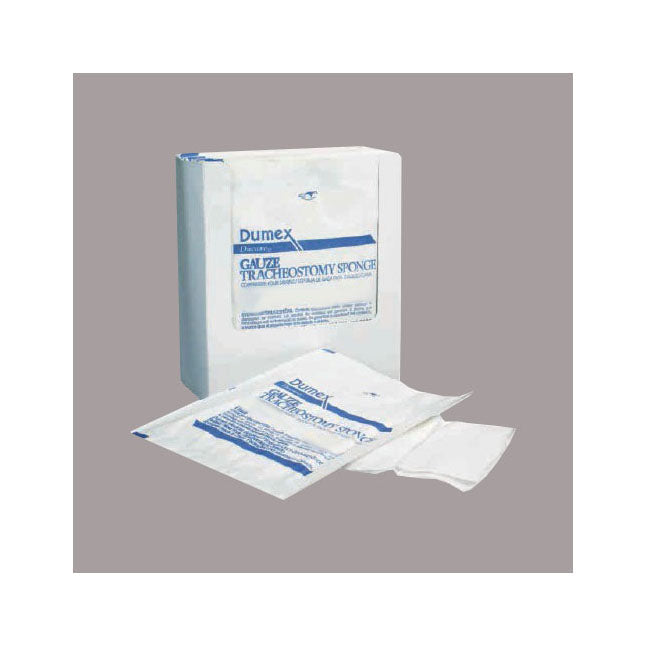 A box of Dumex gauze tracheostomy sponges sits beside several unfolded sponges on a plain background. The box indicates "Dumex Gauze Tracheostomy Sponge".