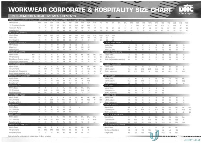 Size chart for DNC Duratex Cotton Duck Tradies Cargo Pants with actual measurements