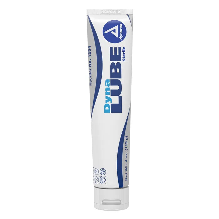 A tube of DynaLube, a sterile lubricant, stands upright against a white background. The tube is labeled with its name, weight, and reorder number.