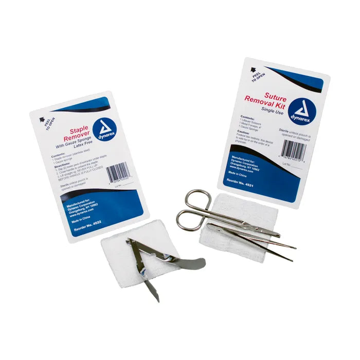 Two sterile surgical instruments, a scissor and a forceps, rest beside their respective packaging on a plain white background.