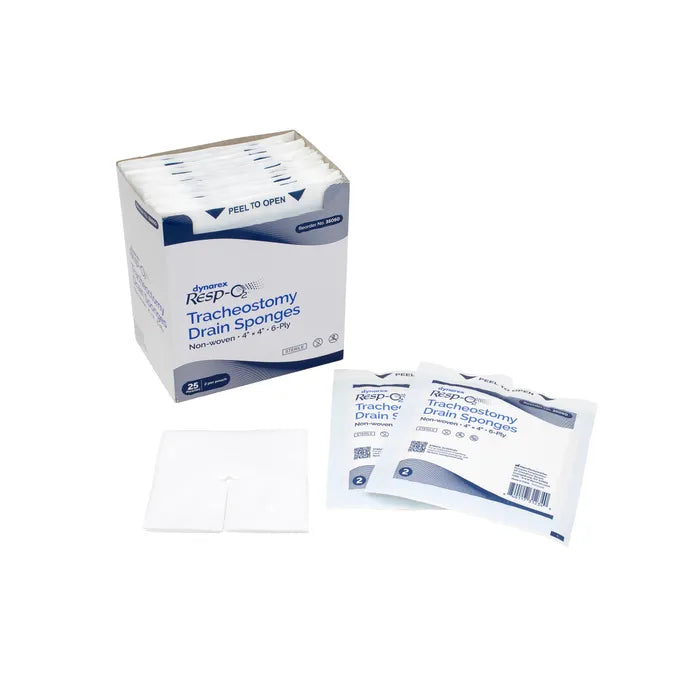 A box of tracheostomy drain sponges sits beside two individually packaged sponges and a single, unfolded sponge. The box and packaging indicate they are non-woven, 4" x 4", 6-ply.