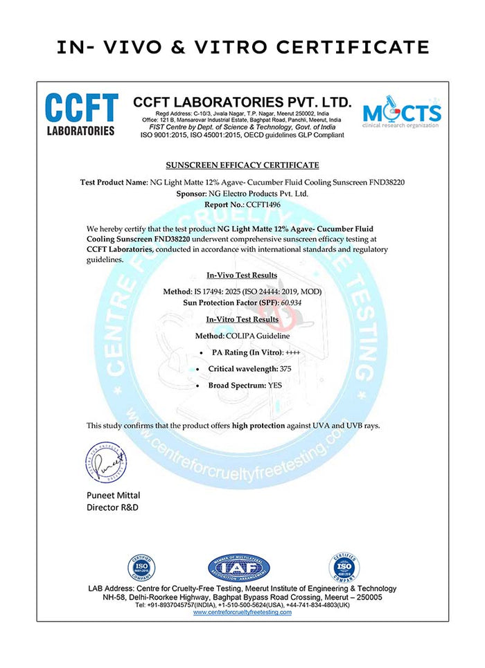 Hyphen Fluid Cooling Sunscreen SPF 50 PA++++ 50ml - in-vivo and in-vitro efficacy certificate