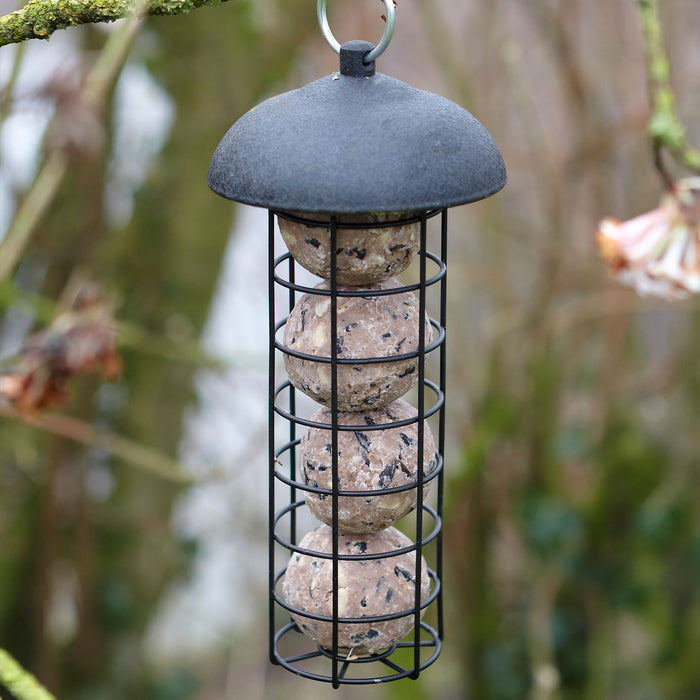 Gardman Black Steel Fat Snax Feeder with fat balls in