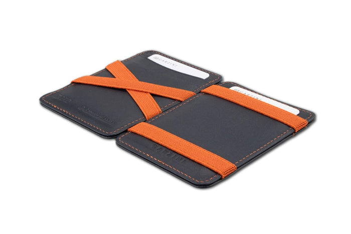 The GARZINI Magic Slim RFID-blocking leather wallet in blue and orange features visible orange stitching, multiple card slots, and modern orange and blue edge details. Shown on a white background.