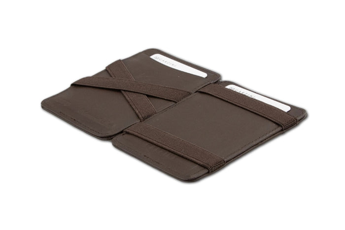 The GARZINI Magic Slim RFID-Blocking Leather Wallet in Brown by GARZINI is a slim, top grain leather wallet with multiple card slots and a small colorful fabric tag, offering RFID protection for your essentials. Displayed on a white background.