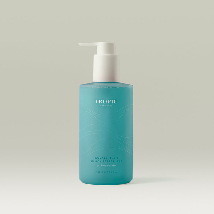 Tropic Eucalyptus & Black Pepperleaf Gel Body Cleanser in a frosted blue pump bottle.