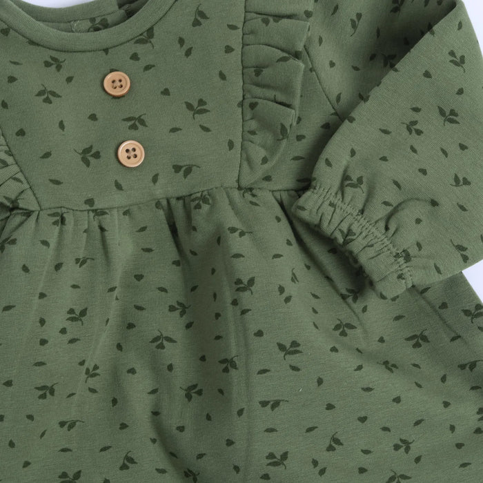 Girls Dark Green Self Design Long Sleeve Dress