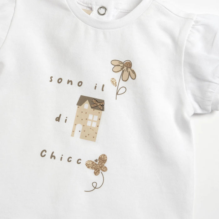 Girls White and Beige Graphic Printed T-shirt