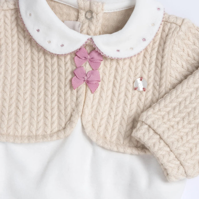 Girls White & Beige Embellished Nappy Opening Babysuit