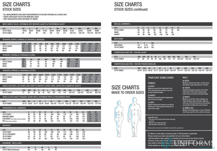 Size chart for HiVis SS Shirt, a comfortable short sleeve cotton drill shirt