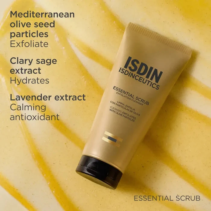 ISDIN Essential Scrub tube with Mediterranean olive seed particles on yellow background