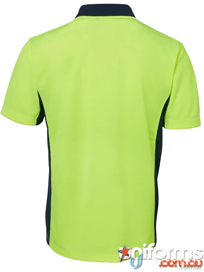 Lime green and navy blue JBS HiVis Sport Polo fabric ideal for uniforms and workwear