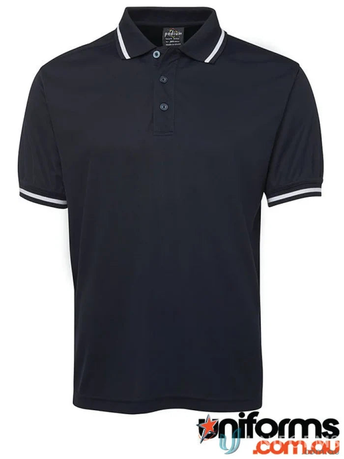 Navy JBs Podium Bold Polo with white trim, podium cool, quick-drying fabric