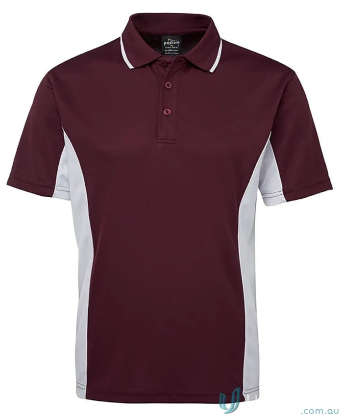 Maroon and white JBs Podium Contrast Polo with Podium Cool moisture-wicking tech