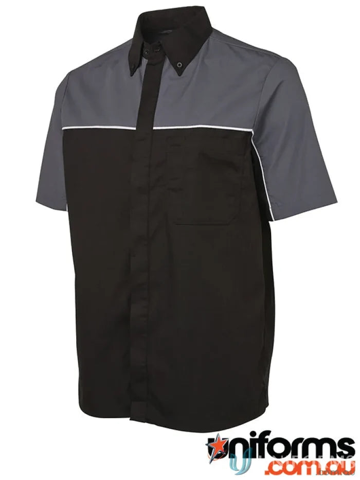 JBs Podium Moto Shirt offers a black and grey short-sleeved work shirt with white stripe
