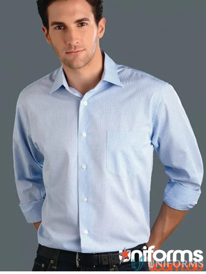 Light blue checkered Keval mens long sleeve mini check shirt for men style