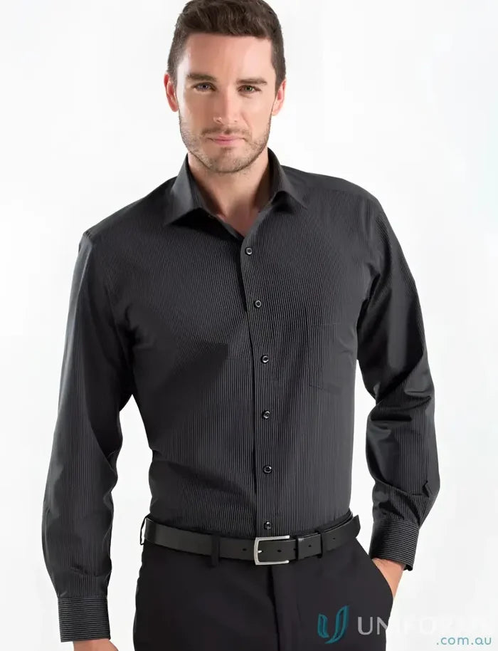 Mens dark grey long sleeve dress shirt with vertical stripes, style 236-jk Keval charcoal