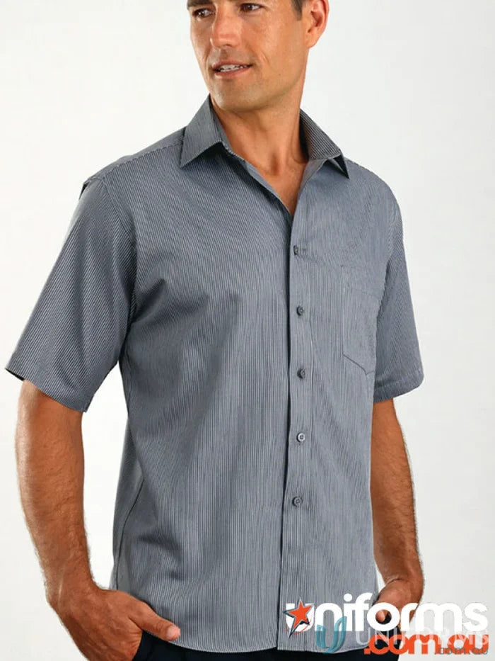 Man wearing Keval Pin Stripe Long Sleeve Shirt, mens long sleeve striped button-down