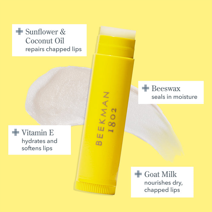 Infographic of Beekman 1802’s Goat Milk Lip Balm in black tube on top of lip balm product smear on a yellow background, with the main ingredients Goat Milk, Vitamin E, Beeswax, Sunflower and Coconut oil shown around the tube, highlighting the benefits of each ingredient.