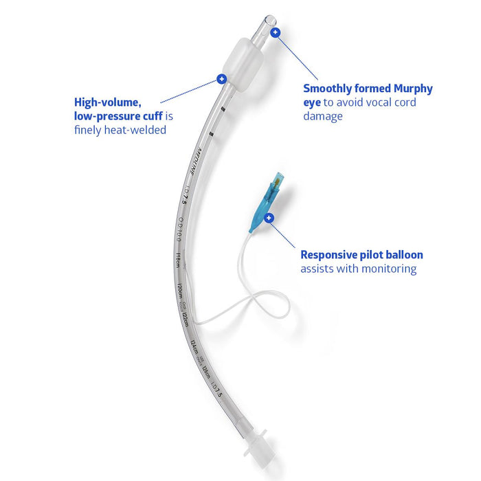 A medical endotracheal tube, with a high-volume, low-pressure cuff and responsive pilot balloon, is shown against a white background. The tube is labeled "ID 7.5," and features a smoothly formed Murphy eye.