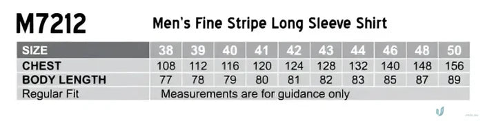 Sizing chart for Mens Fine Stripe LS Shirt with stripe long sleeve options M7212 mens fine