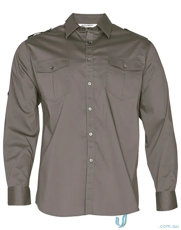 Gray long-sleeved button-down shirt from benchmark ls military m7912 mens long series