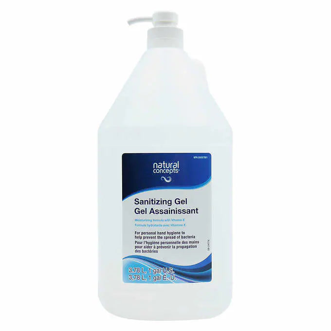 A large bottle of Natural Concepts sanitizing gel sits against a white background. It dispenses gel via a pump. The label indicates its use for preventing bacterial spread.