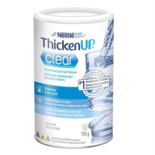 A cylindrical canister of Nestle ThickenUp Clear instant drink and food thickener sits against a white background. The canister shows water thickening; it's 125g and suitable for use with IDOSI framework.