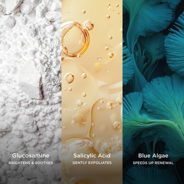 Glucosamine brightens and soothes, Salicylic Acid gently exfoliates, and Blue Algae speeds up renewal in an ingredient-focused skincare image.