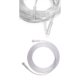A clear, plastic oxygen tubing lies coiled on a white background; two close-ups show connectors at either end.