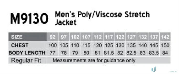 Mens poly viscose stretch jacket size chart for Winning Spirit PolyViscose Stretch Jacket