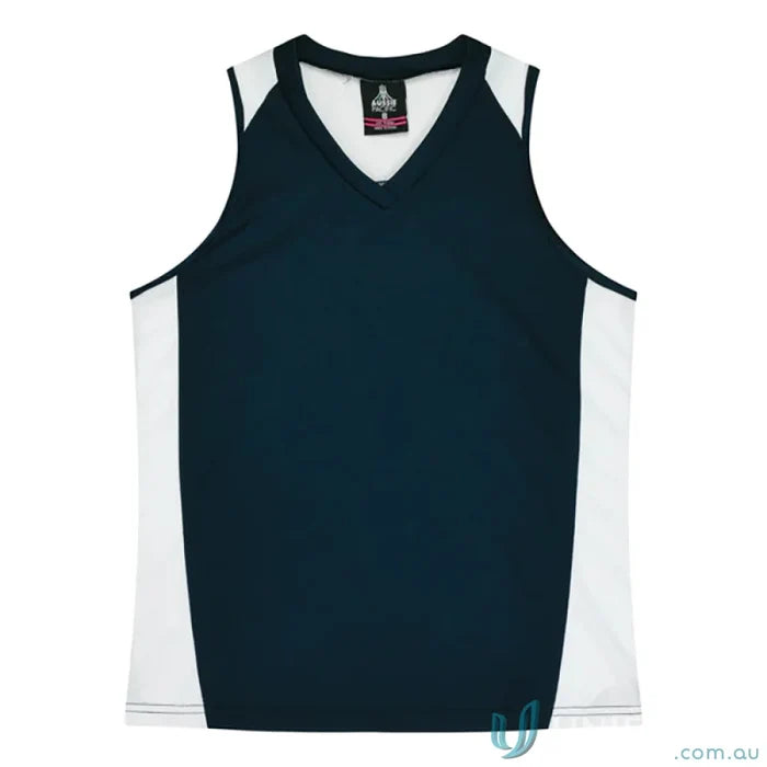 Navy and white V-neck athletic tank top with fabric neck bind in Premier Singlet