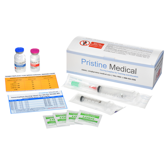Pristine Medical Simu Tenecteplase
A medical kit containing two vials, a syringe, and antiseptic pads is displayed. The kit is for educational purposes only and includes dosing charts for tenecteplase for myocardial infarction and stroke. "Pristine Medical" is prominently featured on the box and accompanying materials. "Not for human use" is clearly marked on the box.